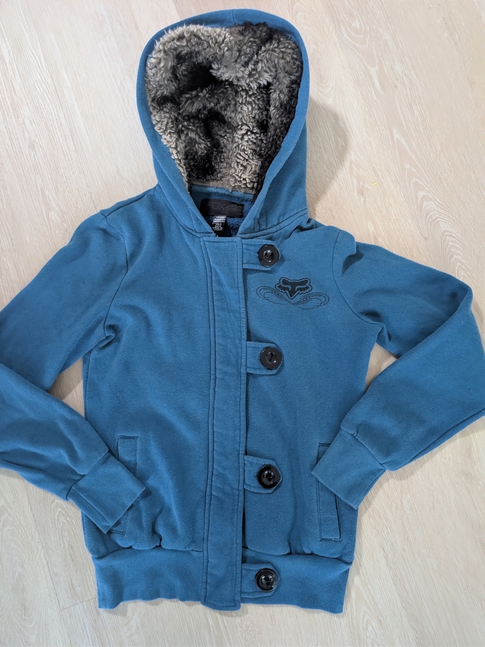 Fox Racing Y2K Vintage Teal Blue Faux Fur Hooded Fleece Jacket Size M